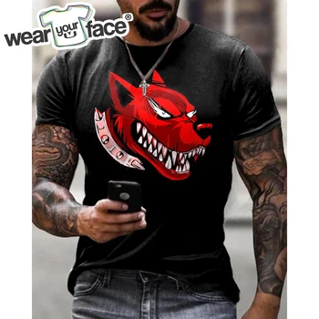 Kırmızı Kurt Kafası Grafik 3D Her Yerinde Baskılı T Shirt Yaz Komik Streetwear Spor Meslek Kısa Kollu Erkek Unisex Giyim