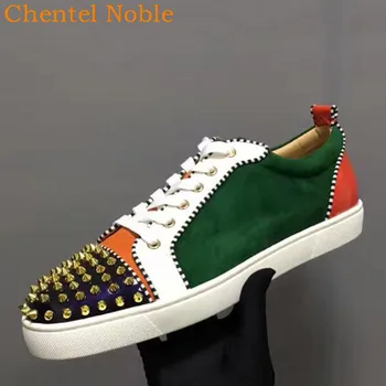 Marka Chentel Patent Deri Açık Rahat Parti Erkekler Flats Sole Sneaker Sivri Dantel-Up Karışık Renk Büyük Boy vulkanize ayakkabı