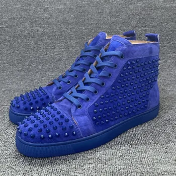 Mavi İnek Süet Deri Sivri Perçin Sneakers Erkekler Kadınlar için Marka Tasarımcısı rahat ayakkabılar Kalın Alt Dantel Kaykay Ayakkabı Unisex