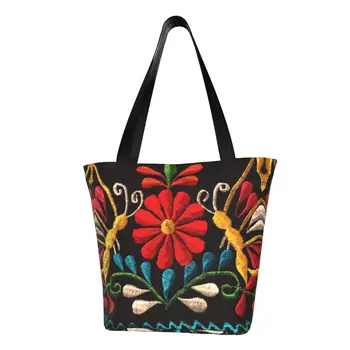 Meksika Kelebekler Bakkaliye Alışveriş Çantaları Baskı Tuval Alışveriş kol çantası Çanta Büyük Kapasiteli Renkli Nakış Çanta