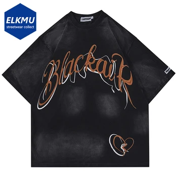 Mektup Baskılı Batik T - shirt Hip Hop Harajuku Streetwear Tişörtleri erkek 2023 Yaz Moda Büyük Boy Gevşek Y2K T Gömlek Tops