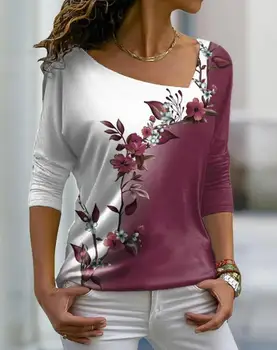 Moda Kadın Bluzlar 2023 Bahar Çiçek Baskı Asimetrik Boyun Uzun Kollu Casual Günlük tişört Üst Kadın Giysileri
