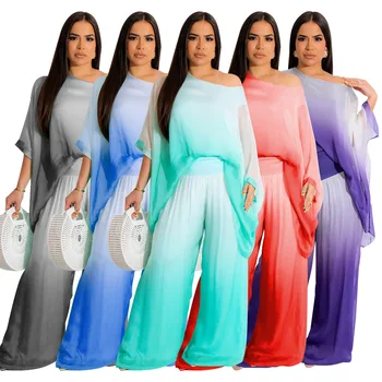 Moda kadın Popüler Yarasa Kollu Şifon Degrade Batik rahat Kıyafetler Seti Elbiseler 2023 Yaz Uzun Boho Chic Maxi Elbise