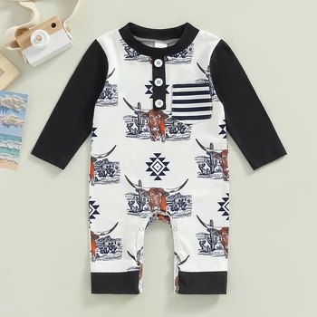 Moda Sonbahar Toddler Yenidoğan Bebek Erkek Tulum Giysileri Boğa Kafa Baskı Uzun Kollu Düğme Tulumlar Playsuits