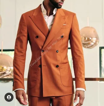 Moda Yaz Turuncu Erkek Takım Elbise Tailor Made 2 Parça Blazer Pantolon Rahat Smokin Günlük Kıyafetler Erkek Giyim Seti Kostüm Homme