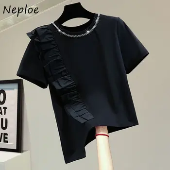 Neploe Elmas Gömme Düzensiz elastik tişört 2023 Yaz Kore Gevşek İnce Kısa Kollu Rahat Üst Femme Fırfır Paneli Tees