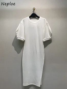 Neploe High End Basit Yeni Kazak Tees Japon Moda T-shirt Gevşek Yuvarlak Boyun Kısa Kollu Ince Uzun Yan Bölünmüş Üst