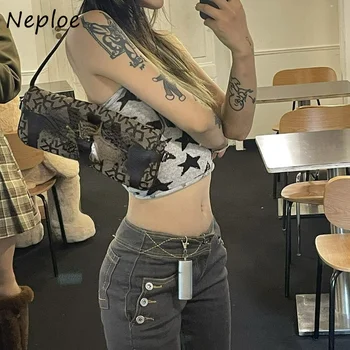Neploe Slash Boyun Off-omuz Seksi Backless Mujer Camisetas Y2k Kadın Giyim Yelek Kırpma Üst Yıldız Baskı straplez tişörtler