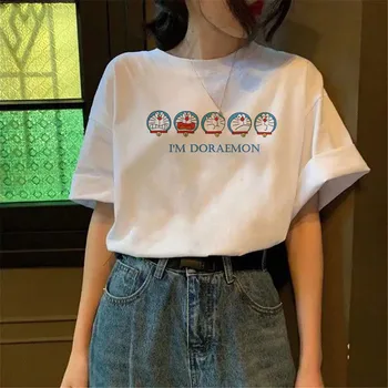 Pamuk Japonya Doraemon T Shirt Kadın Komik Üstleri Harajuku Karikatür Kadın Kısa Kollu Yaz Beyaz Streetwear Gevşek Sevimli T Shirt