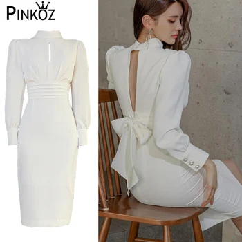 Pinkoz pist tasarımcısı şık beyaz standı yaka sümüksü seksi elbiseler için parti backless bow lace up yüksek bel vestidos elbise za