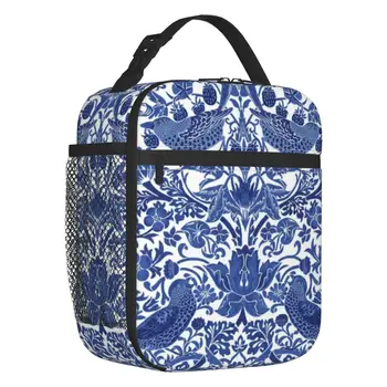 Porselen Mavi Oryantal Kuş Desen Yalıtımlı yemek taşıma çantası Kadınlar için Chinoiserie Termal Soğutucu Gıda yemek kabı Açık Seyahat