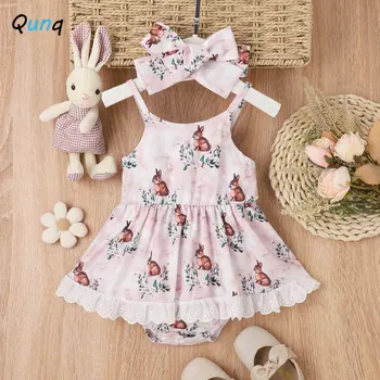 Qunq 2023 İlkbahar Yaz Yeni Kızlar paskalya tavşanı Baskı O Boyun Sling Dantel Ekleme Güzel Bebek Romper Rahat Çocuk Giysileri Yaş 1T-3T