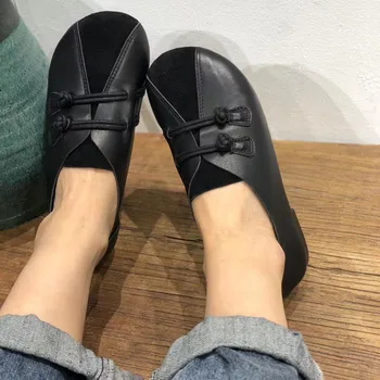 Retro kadın Oxfords Ayakkabı Yaz Lace up Flats Ayakkabı Hakiki Deri Kadın Rahat Bezelye Ayakkabı Düz Tabanlı Büyükanne Ayakkabı