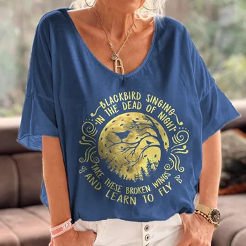 Rheaclots kadın Blackbird Şarkı Ölü Gece Baskılı Hippi T-Shirt