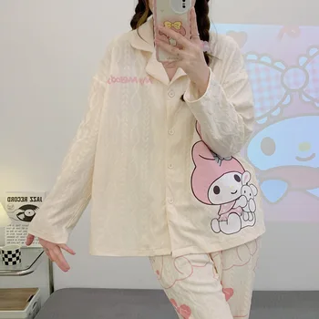 Sanrio Anime Benim Melody Kuromi Cinnamoroll Bayanlar Hırka Pijama Uzun Pantolon Uzun Kollu İki Parçalı Gecelik Hediye Kız Arkadaşı için