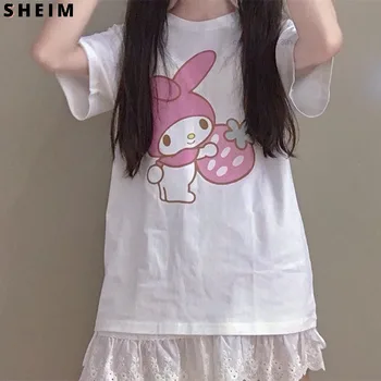 Sanrio Y2k Kawaii %100 % Pamuk Kısa Kollu Gevşek Kpop T-shirt Kadın Benim Melodi Japon Tarzı Yaz Öğrenci Kız Tees Tops