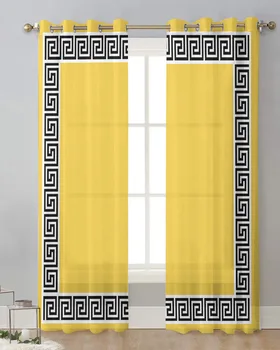 Sarı Geometrik Zikzak Yunan Desen Tül Perde Oturma Odası Yatak Odası için Modern Sırf Perdeleri Şeffaf Pencere Tedavi