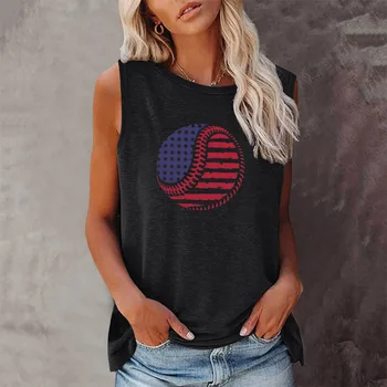 Seeyoushy Amerikan Bayrağı Eleman Beyzbol Baskı Yaz rahat bol tişört kadın Crewneck Kolsuz Tişört Elbise Kadınlar için