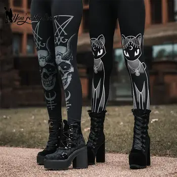 [Sen Benim Sırrımsın] 2023 sıcak Gotik Tayt Ouija egzersiz pantolonları Koyu Grunge Siyah Kedi Kafatası Leggins Şeytan Şeytan Tayt