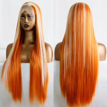 Sentetik Dantel ön peruk Sarışın Mix Açık Turuncu Düz ısıya dayanıklı iplik Saç Doğal Saç Çizgisi Ücretsiz Ayrılık Kadınlar İçin