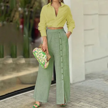 Seti kadın 2023 sonbahar moda rahat düz renk yaka gömlek gevşek pantolon iki parçalı set
