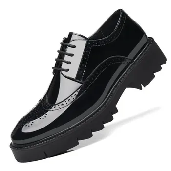 Siyah Platformu Yüksek Topuk 5/8/10 CM Yükseklik Artış Casual Erkek Brogue Patent Deri Ayakkabı Adam Oxford Elbise Ayakkabı Asansör Resmi