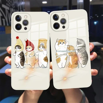 Sıcak Komik Karikatür Kedi Telefon Kılıfı İçin iPhone 11 12 13 Pro Max X XR XSMAX 8 7 Artı 12 13 Mini Beyaz Temperli Cam yansıtıcı durumda