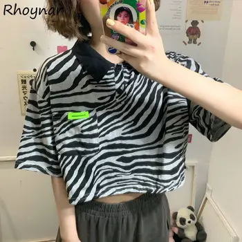 T-shirt Kadın Zebra baskı Kore Tarzı Serin Streetwear Öğrenciler Y2k Şık Basit Moda Yaz Kadın Kırpma Tee Rahat Yumuşak