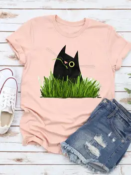 Trend Giyim Kadın Kadın 90s Tarzı Kedi Pet Boyama Yaz T Giyim Baskı Grafik Tee Moda Kısa Kollu Rahat T-shirt