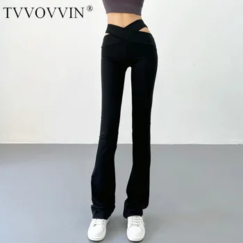 TVVOVVIN Avrupa Amerikan Sonbahar Siyah Pantolon Yüksek Bel Wrap Kalça V şeklinde Bel İçi Boş Çapraz Elastik Yoga Pantolon kadın SL9İ