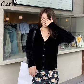 V Yaka Gömlek Kadın Kadife Feminino Bayan Katı Uzun Kollu rahat giyim Sonbahar Zarif Moda Kore Tarzı Üstleri Şık Günlük