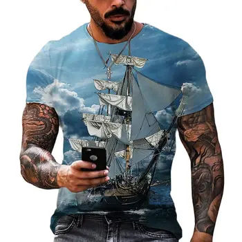 Vintage Gemi 3D Baskı T Shirt Erkekler Için Yaz Ekip Boyun Gevşek Kısa Kollu Tees Casual Erkek Üstleri Büyük Boy T-Shirt Giyim