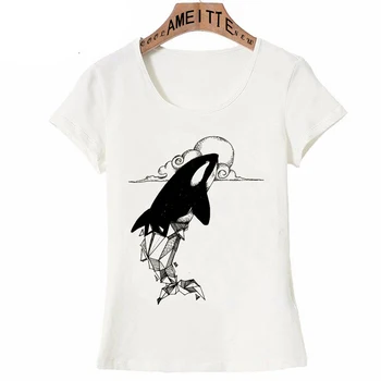 Vintage Orcinus Orca Baskı T-Shirt Orijinal Katil Balina Tasarım Kısa Kollu Yaz Kadın Casual Tees Komik Kız Beyaz Tops