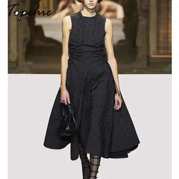 Vintage Siyah Kolsuz uzun elbise Kadınlar için 2023 Yaz Lüks Tasarımcı Zarif A-line Maxi Elbiseler Vestidos Para Mujer