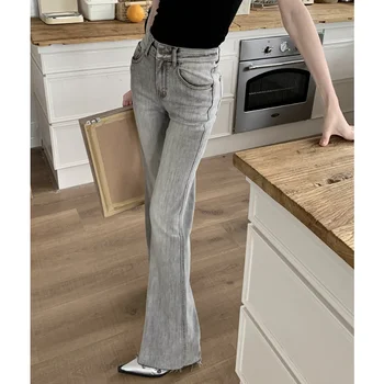 Vintage Yıkanmış Sıkıntılı günlük kot Kadın 2023 Yaz Yeni Yüksek Bel Tüm Maç Seksi İnce Kot Geniş Bacak Pantolon