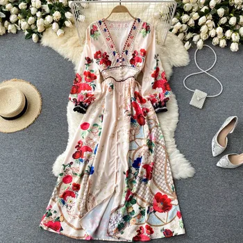 Vintage Çiçekli Baskı Pilili Zarif Şifon Maxi Elbise A-line Casual Plaj Tatil Parti Elbise Kadın Yaz Bahar Vestidos