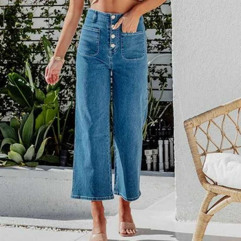 Wepbel Yüksek Bel Geniş Bacak Kot Pantolon Kadınlar için Yaz Kot Yaz Kot Pantolon Yeni Çok Yönlü Cepler Yıkanmış Kot pantolon