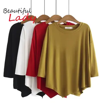 XL - 4XL Modal T Shirt Kadın Büyük Boy Üstleri Kadınlar için Üç çeyrek Uzunluk Kollu Tişörtleri Kadın Siyah Beyaz Kırmızı Tees