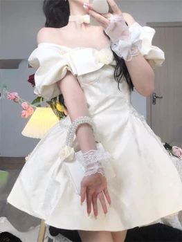 Yaz 2023 Kawaii Kore Lolita Mini Elbise Zarif Tatlı Kısa Kollu Kısa Parti Elbise Kadın Ofis Bayan Temel Peri Elbiseler