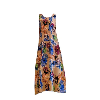 Yaz Kadın Sundress Bohemian Çiçek Baskı Plaj Maxi Elbise Vintage O Boyun kolsuz Büyük Boy Elbiseler Asimetri Vestido