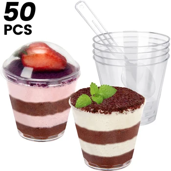 Yeni 50 Adet Tatlı Bardak 50 Kaşık ve 50 Kapaklı Şeffaf 200ML Cheesecake Parfe Tencere Kullanımlık Parfe Meze Fincan