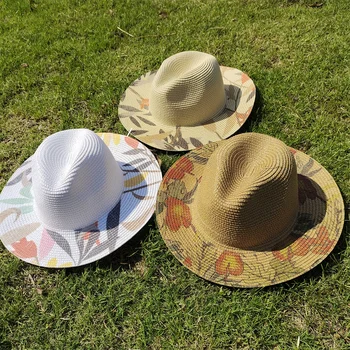 Yeni Boyalı yazlık hasır şapka Panama Caz Hasır Şapka erkek ve kadın Unisex Plaj Güneş Koruyucu güneş şapkası Moda Geniş Kenarlı Şapka