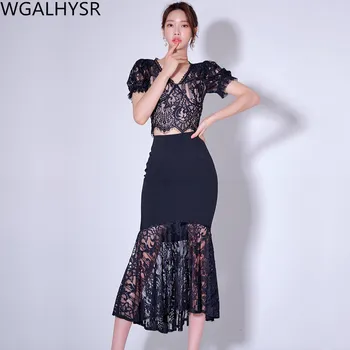 Yeni İki Adet Set 2022 Yaz Kore Mizaç İnce Dantel Üst + Kadın Moda Ekleme Uzun Etek Takım Elbise