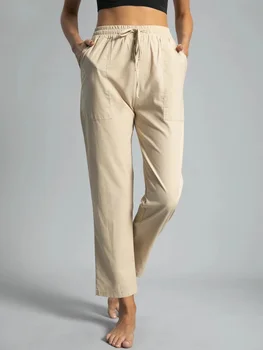 Yeni kadın Düz Renk Büyük Cep Elastik Bel Pantolon Kadın Düz Bacak Gevşek Pantolon Kadın Düz Serin Pantolon