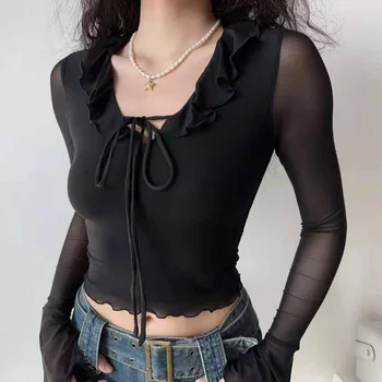Yeni Kore Tarzı Siyah Örgü Gömlek Kadın Harajuku Uzun Kollu Casual Tops Tee Kore Moda yaz giysileri Seksi Estetik