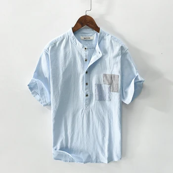 Yeni Şık Kısa kollu Keten Kaliteli Kazak T Shirt Erkek Marka Moda Rahat Standı Yaka Üst Giysi 4 Renkler Vetement