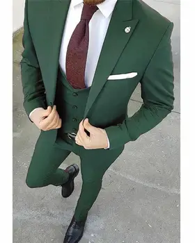 Yeşil Damat Smokin Groomsmen Tepe Yaka Custom Made Bir Düğme Erkek Takım Elbise Balo Yemeği En Iyi Erkek Blazer (Ceket + Pantolon + Yelek)