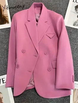 Yitimuceng Fuşya Blazers Kadın Ceketler 2023 Yeni Bahar Yaz Ofis Bayanlar Zarif Mont Rahat Kruvaze Giyim