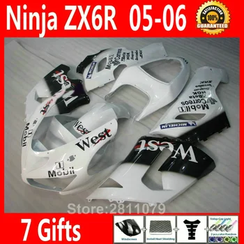 Yüksek kaliteli plastik kaporta kiti Kawasaki Ninja ZX6R 05 06 klasik beyaz siyah fairings set ZX6R 2005 2006 KY50