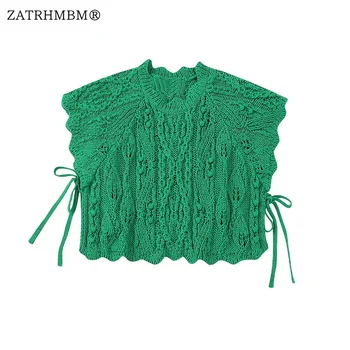ZATRHMBM Kadınlar 2023 Yaz Yeni Moda Yeşil Örgü Tankı Üstleri Vintage O-boyun Kısa Kollu Kırpılmış Kadın Şık Yelek Üst Mujer